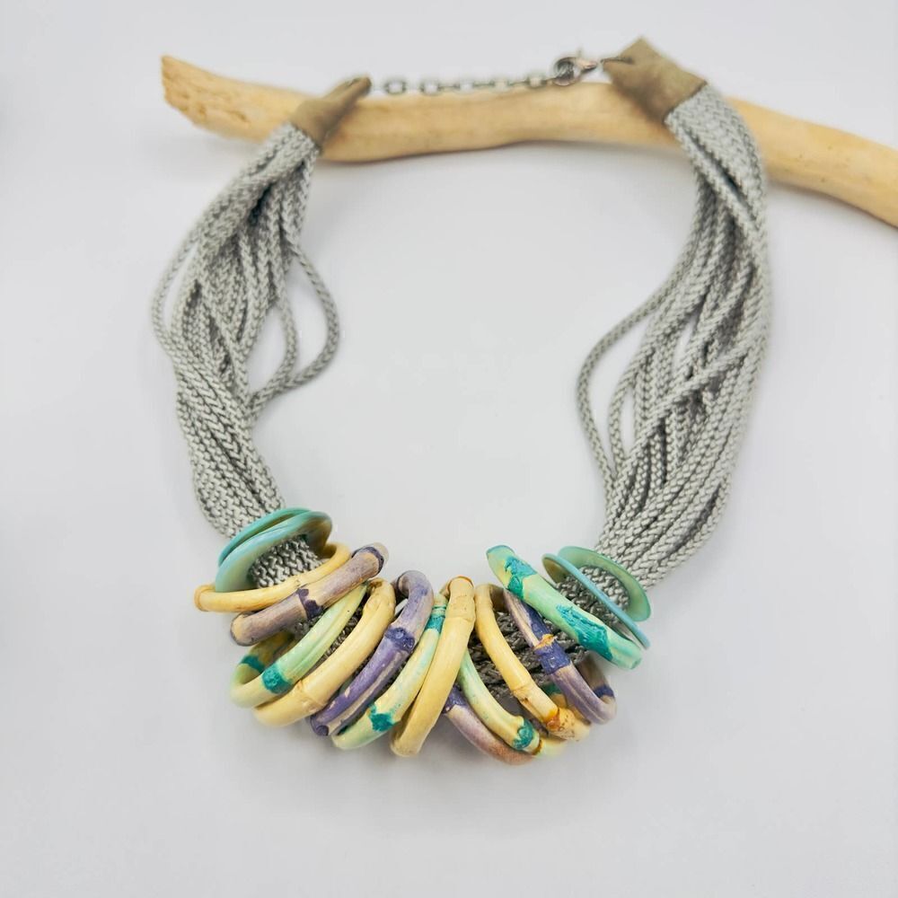 Art Deco Multi Strand Gray Cord Bamboo Circles Necklace
